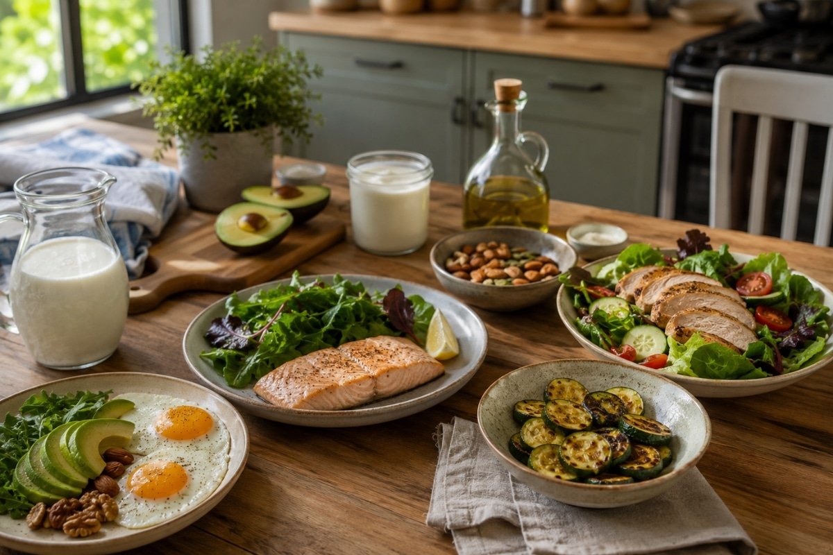 Simple low-carb meal plan for high blood pressure with salmon, eggs, avocado, chicken salad, kefir, and roasted zucchini