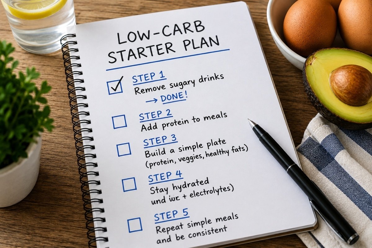 Low-carb starter plan checklist with simple first steps for beginning a low-carb lifestyle, including reducing sugary drinks, adding protein, staying hydrated, and building balanced meals.