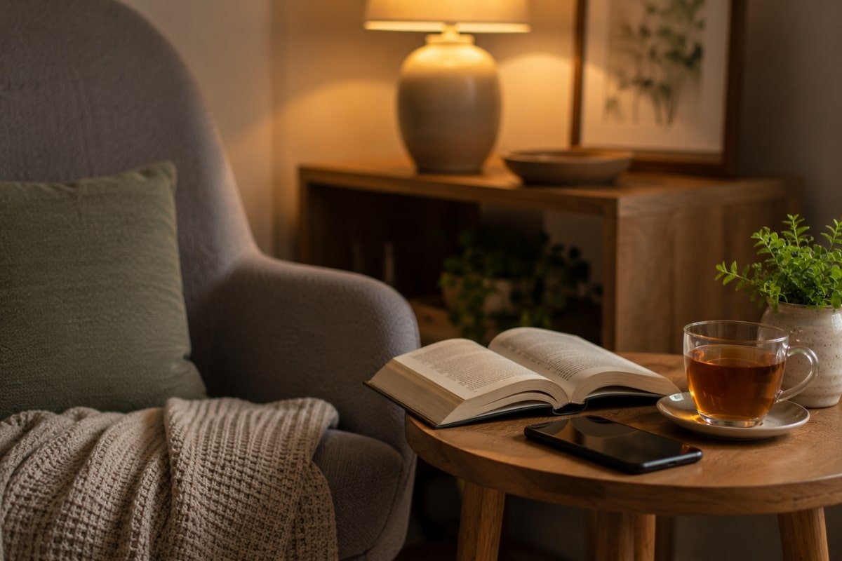 cozy evening stress management habits with herbal tea book and quiet home environment for healthy blood pressure support