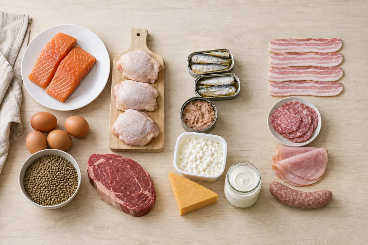 Three groups of protein foods laid out on a kitchen counter: fresh fish, chicken and eggs on the left, canned fish and cottage cheese in the middle, and bacon and sliced deli meat on the right.