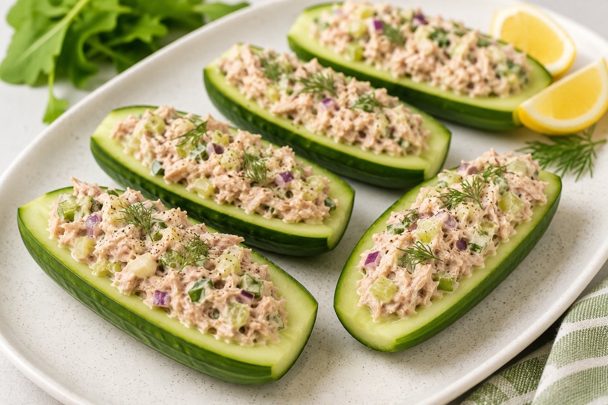 low-carb tuna salad stuffed cucumber boats topped with fresh dill and served with lemon wedges