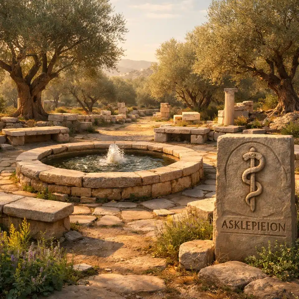 Ancient Greek asklepieion healing sanctuary with the rod of Asclepius