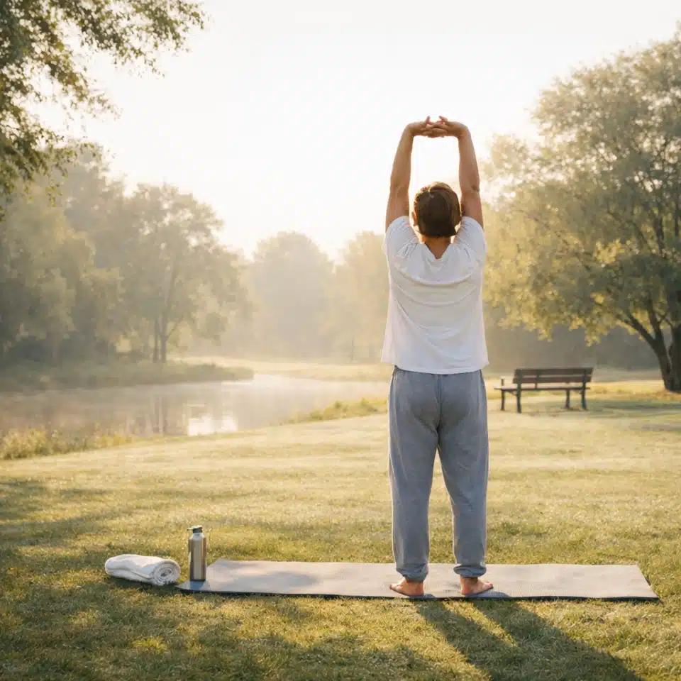 Person stretching outdoors in morning sunlight