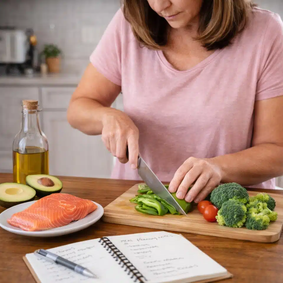 Preparing a low-carb meal with salmon, avocado and olive oil