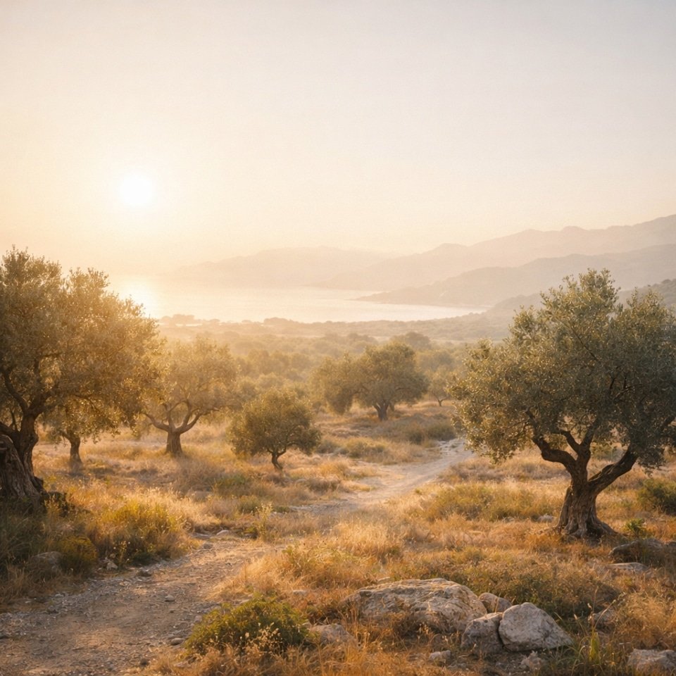 sunrise over a Mediterranean olive grove representing health, longevity, and the timeless value of well-being