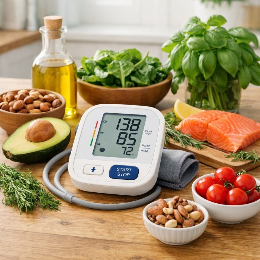 Low-carb for blood pressure concept with home blood pressure monitor surrounded by avocado, salmon, olive oil, leafy greens, nuts, tomatoes, and fresh herbs on a wooden kitchen surface in natural light.