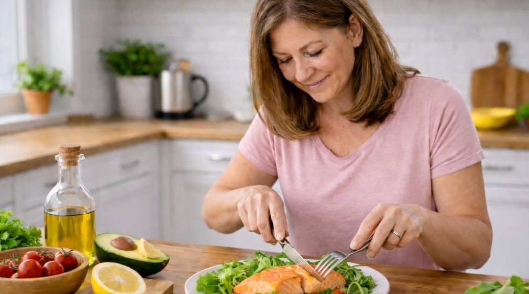 Woman eating salmon and leafy green salad with avocado, olive oil, and fresh vegetables in a bright kitchen, demonstrating a healthy low-carb meal.