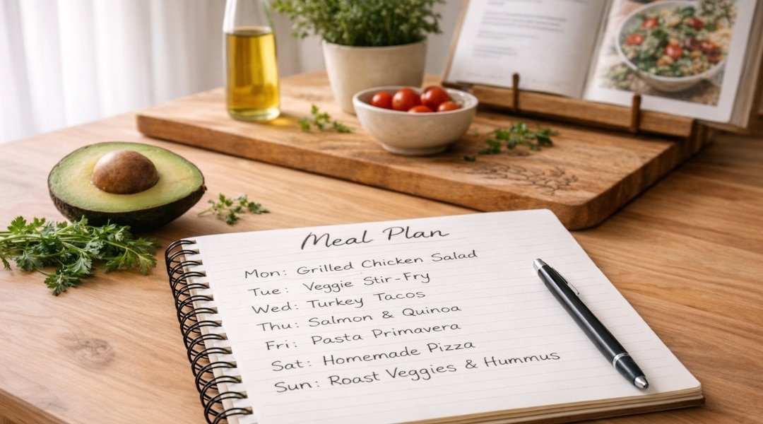 Low-carb meal planning notebook on a kitchen table with pen, avocado and herbs, cutting board in the background, illustrating guided healthy meal planning for high blood pressure