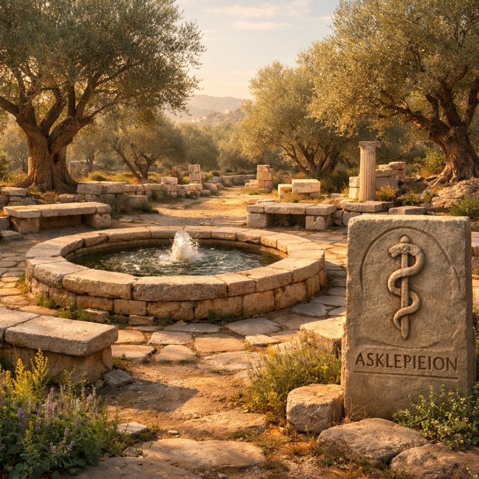 ancient greek asklepieion healing sanctuary with rod of asclepius symbol and sacred spring