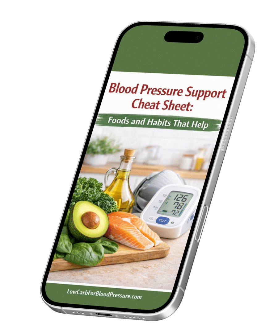 Angled smartphone mockup displaying a blood pressure support cheat sheet featuring healthy foods like avocado, salmon, olive oil, and leafy greens.