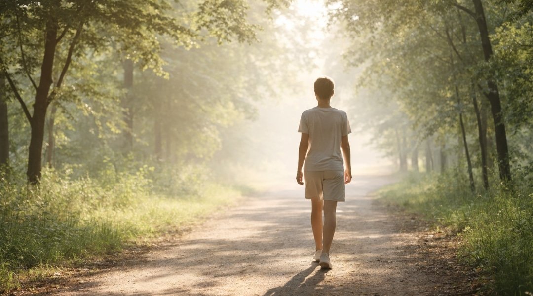 person walking on a tree-lined path in morning sunlight supporting cardiovascular health and healthy blood pressure habits