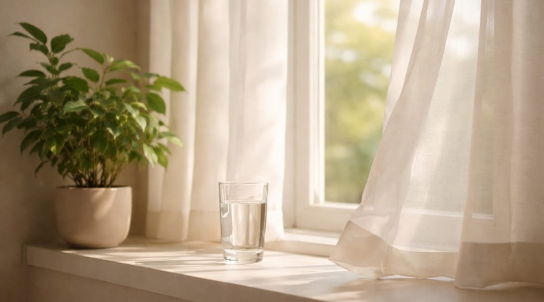 morning wellness routine with sunlight, indoor plant, and glass of water supporting healthy blood pressure habits