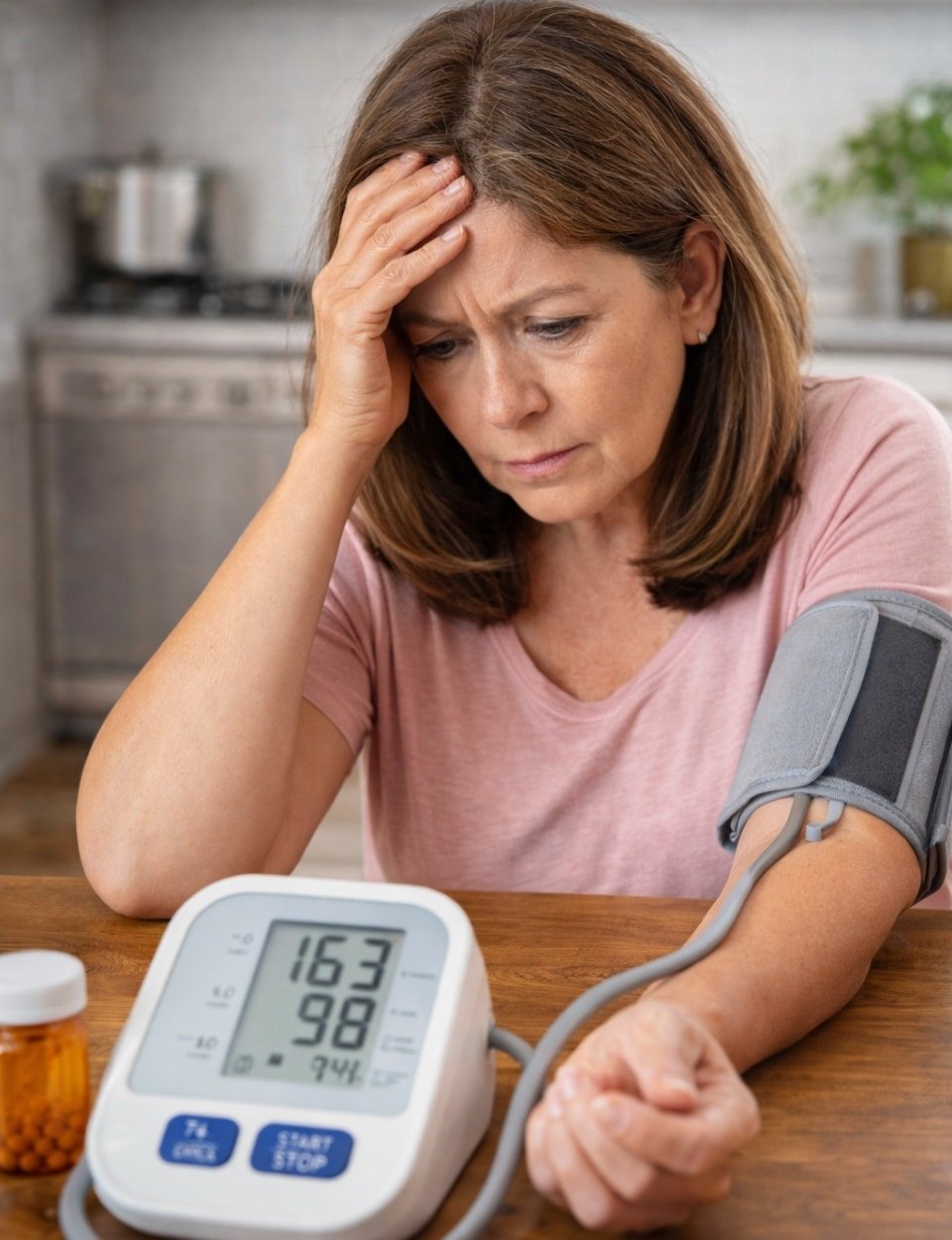 woman checking high blood pressure reading on home monitor looking concerned about hypertension