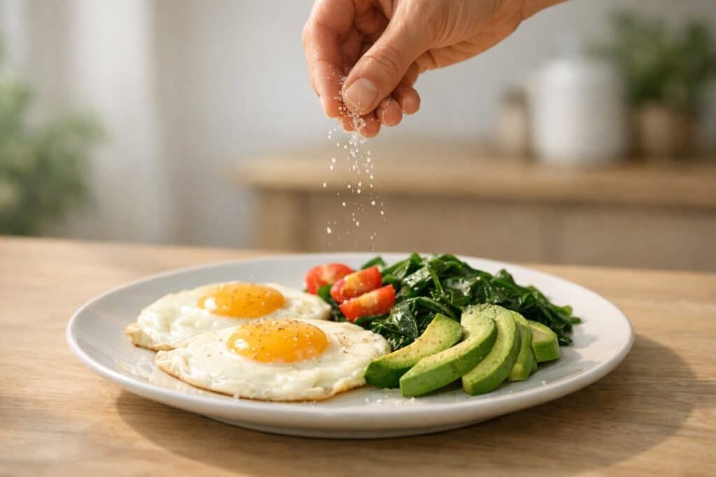 how low-carb affects blood pressure concept with hand sprinkling salt over eggs, avocado, and greens on plate in natural light