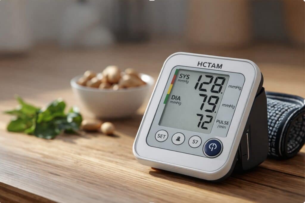 blood pressure monitor reading 128 over 79 with pulse 72 on kitchen bench with bowl of nuts and leafy greens low carb blood pressure concept