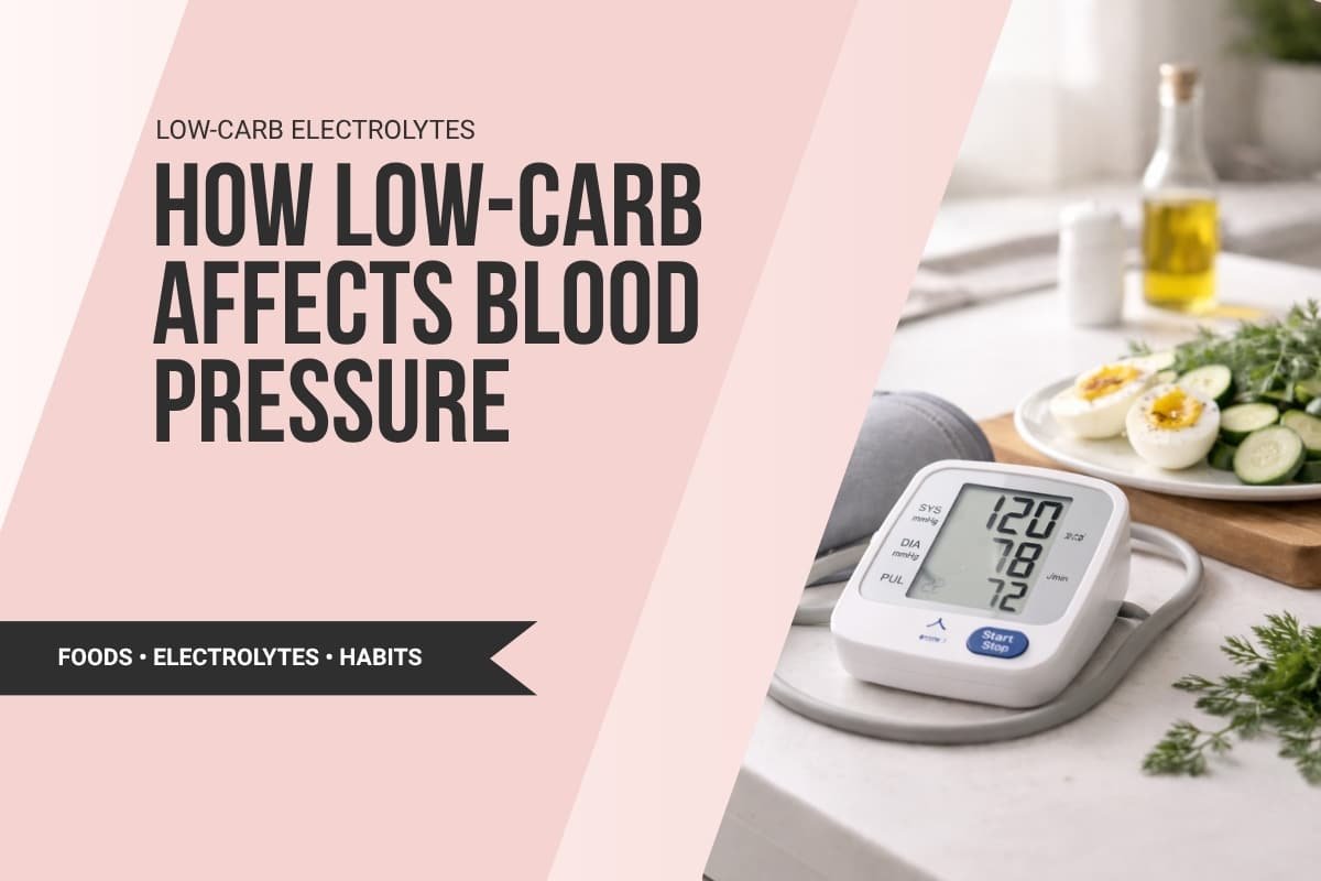 how low-carb affects and support healthy blood pressure concept with home blood pressure monitor on kitchen counter beside boiled eggs, zucchini slices, olive oil, and fresh herbs in natural light