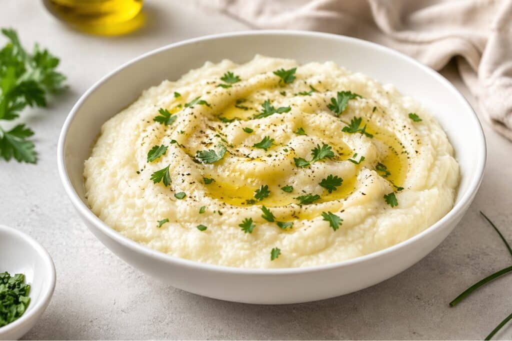 cauliflower mash with olive oil and herbs in a bowl, low-carb side for blood pressure support