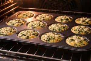 egg muffins with spinach and feta baking in oven in 12 cup muffin tin golden and risen