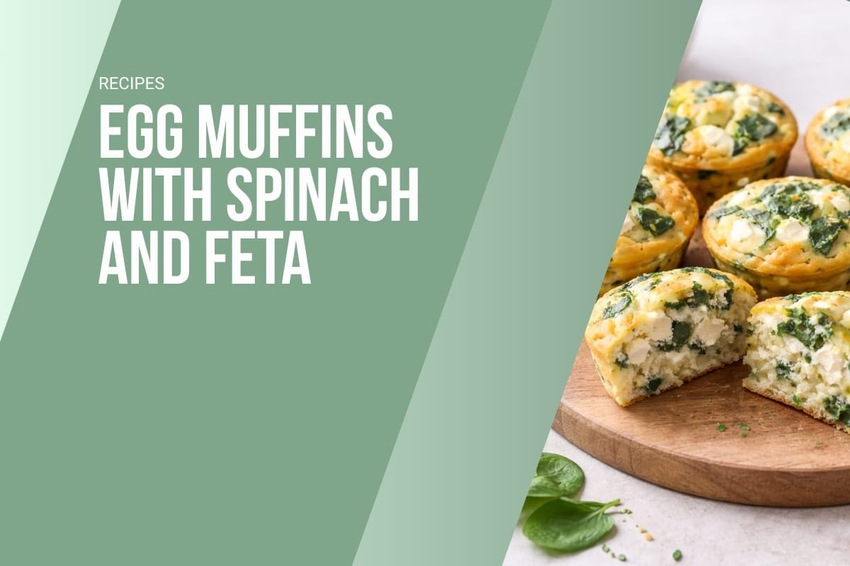 Egg muffins with spinach and feta on a wooden board, low-carb breakfast recipe