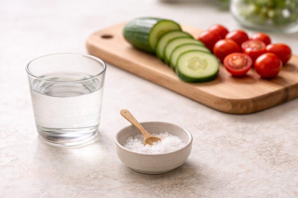 glass of water with salt and fresh vegetables showing electrolytes for low carb diet 