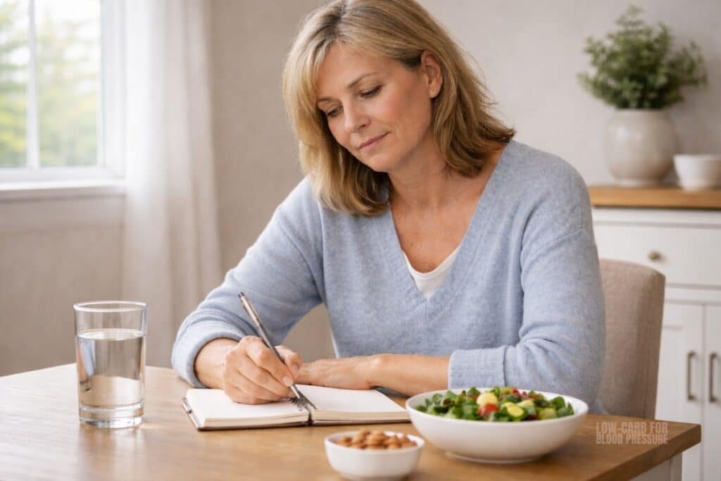 woman writing notes at table with water and low carb meal showing electrolytes on low carb daily routine