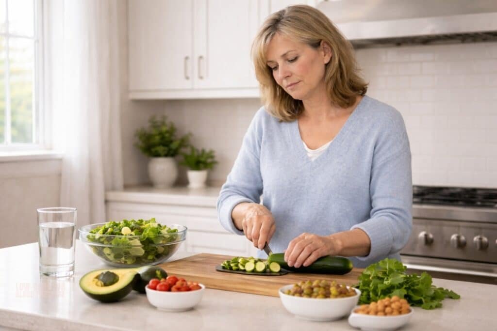 woman preparing low carb meal in kitchen with vegetables and water supporting electrolytes on low carb