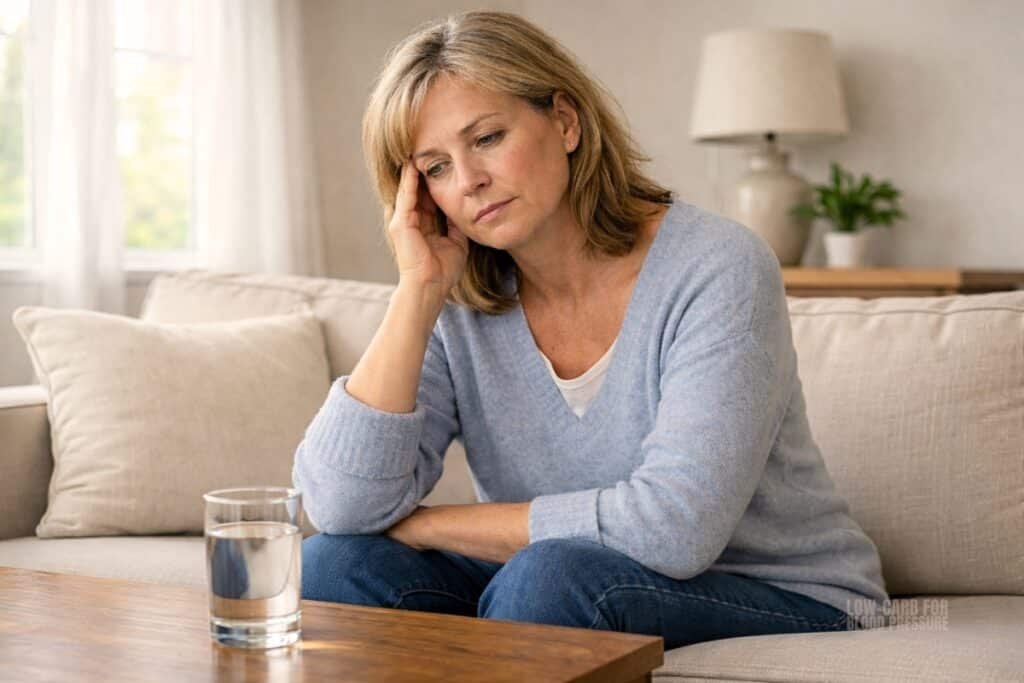 woman sitting on couch feeling tired with glass of water showing electrolytes on low carb symptoms