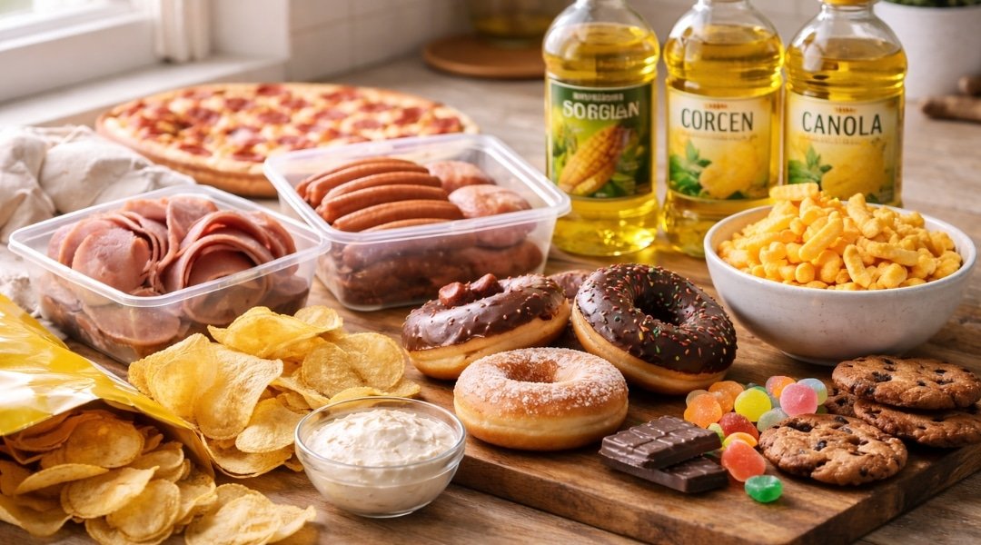 Processed foods to limit on a low-carb diet for blood pressure including deli meats, sausages, vegetable oils, and snack foods on a wooden kitchen surface