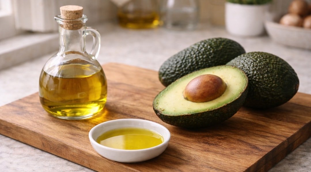 healthy fats for blood pressure including olive oil avocado oil and fresh avocado on wooden surface