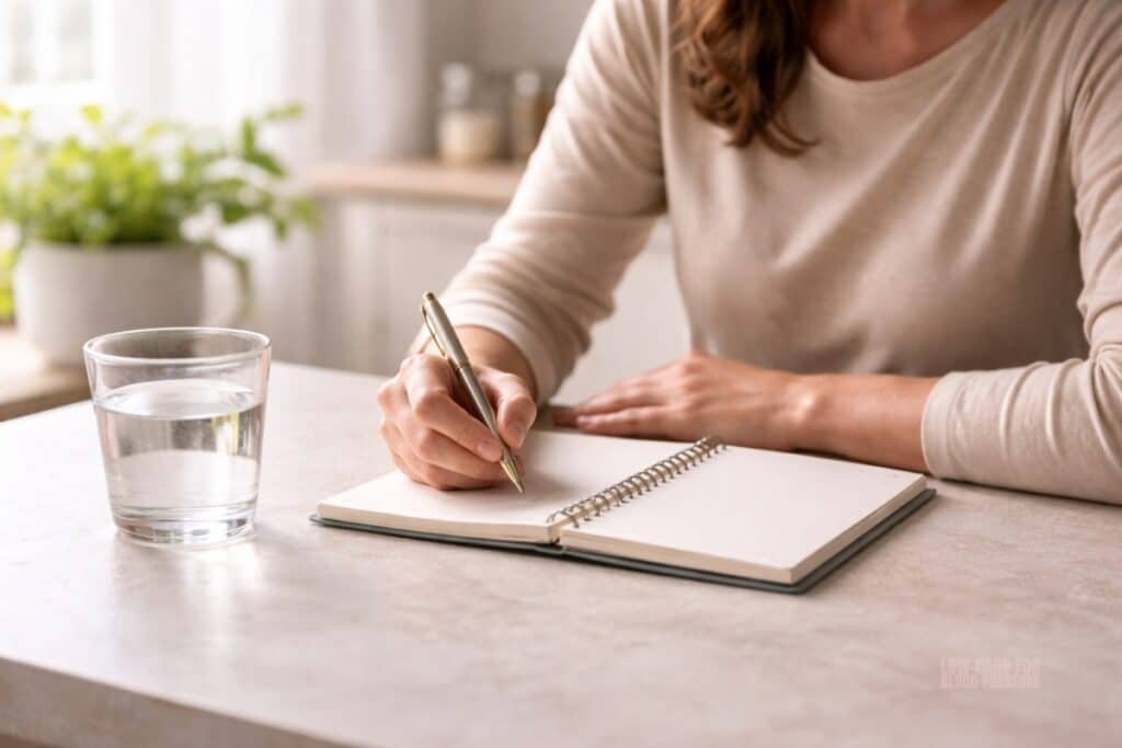 person writing in notebook with water showing low carb blood pressure progress and planning