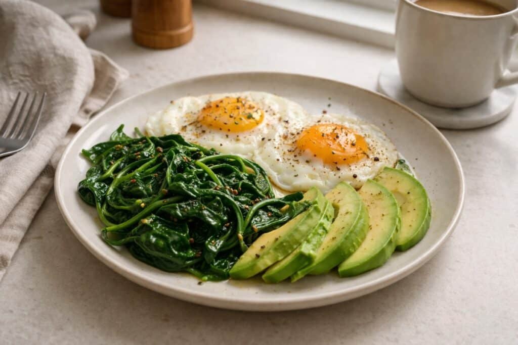 Low-carb breakfast with eggs, sautéed spinach, and sliced avocado on a plate in soft morning light