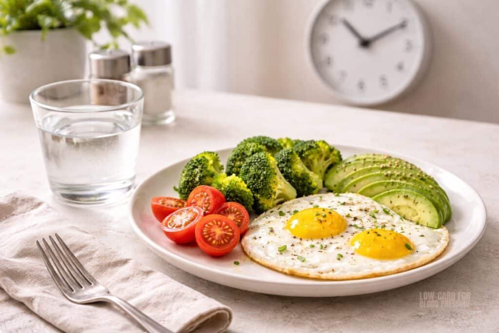 simple low-carb meal setup showing consistent eating routine for blood pressure and energy