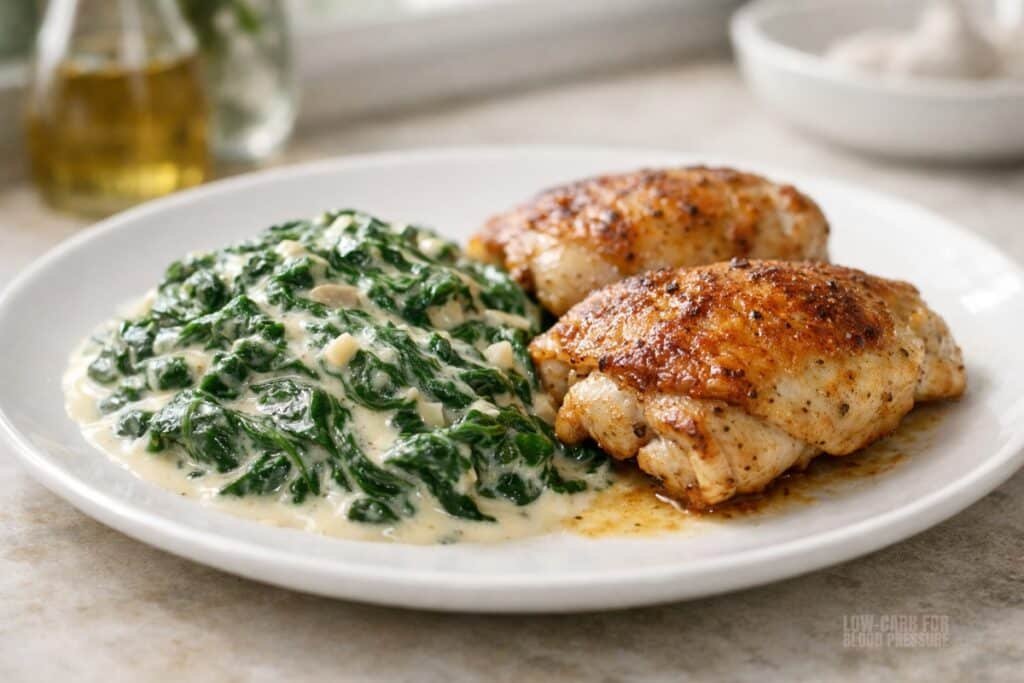 Low-carb chicken thighs with creamy garlic spinach on a white plate, natural light, simple home kitchen setting