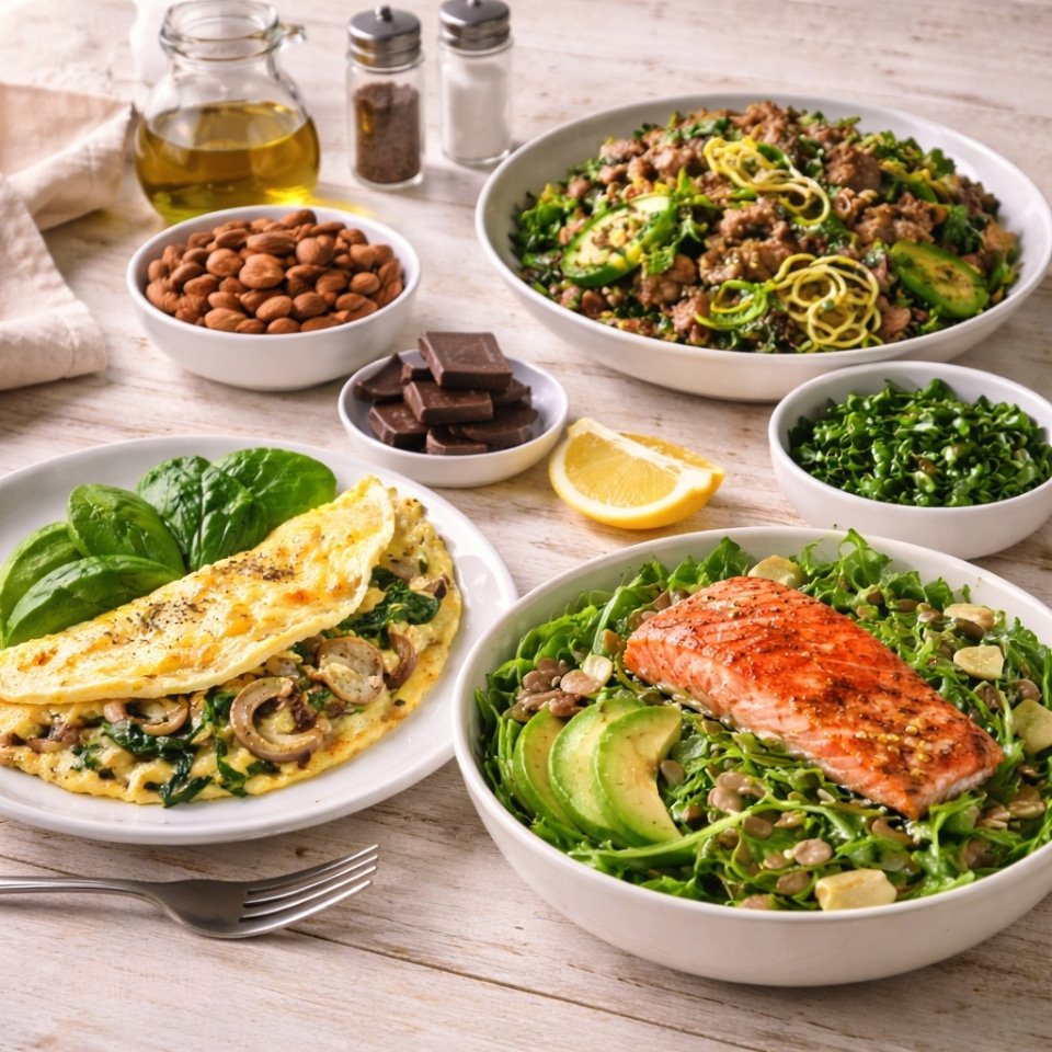 Four-part low-carb day of eating with omelet and avocado, salmon salad, almonds with dark chocolate, and beef stir-fry with greens on a kitchen table