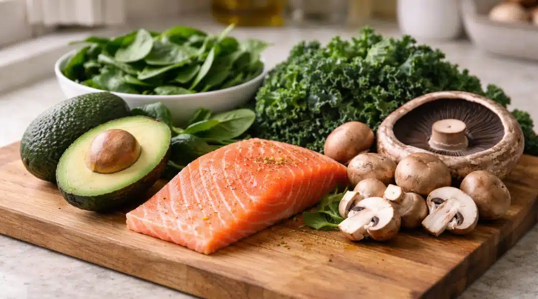 low-carb foods blood pressure potassium omega3 low-carb foods for blood pressure including avocado leafy greens salmon and mushrooms rich in potassium and omega-3 fats