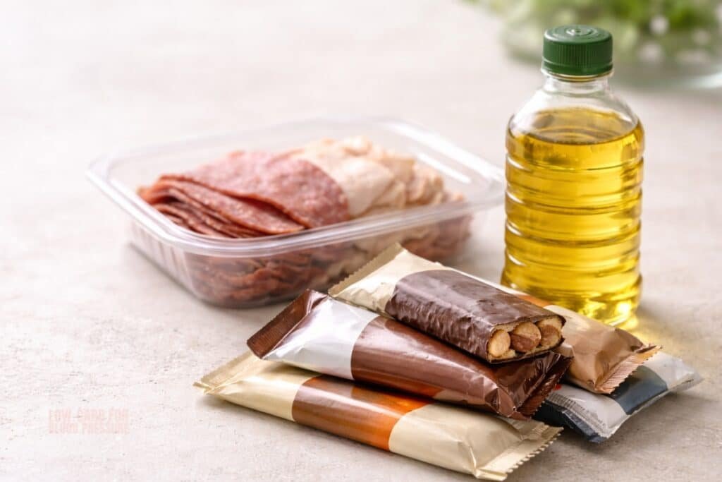 processed low-carb foods including snack bars deli meats and vegetable oil for blood pressure control