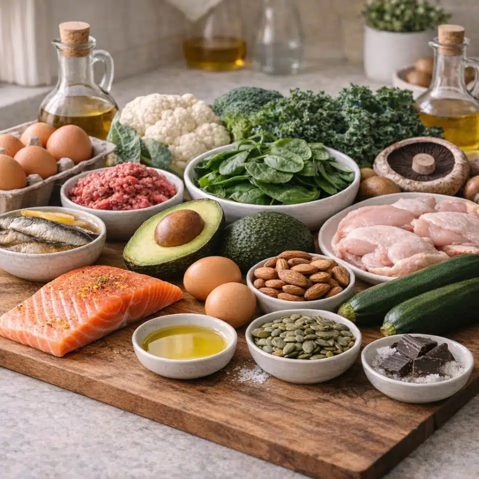 low-carb grocery selection blood pressure Low-carb grocery selection for blood pressure support with salmon, eggs, leafy greens, avocado, nuts, seeds, olive oil and fresh vegetables on a wooden board in a home kitchen