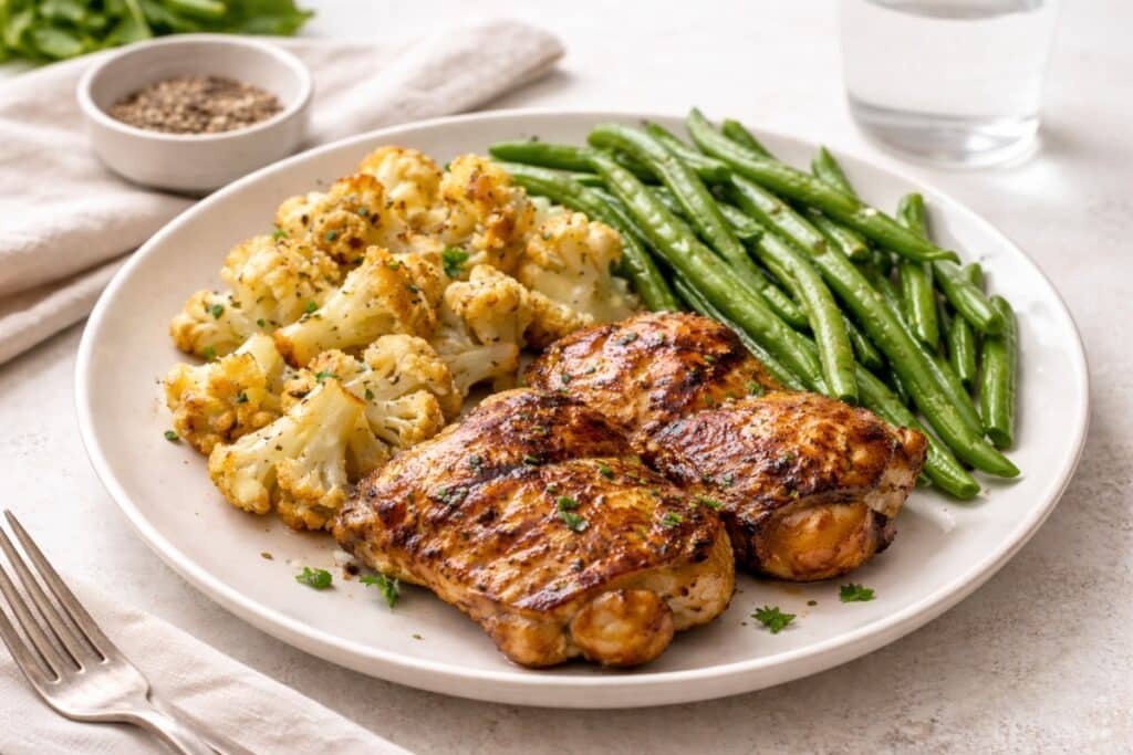 low-carb meal with grilled chicken thighs green beans and cauliflower for blood pressure