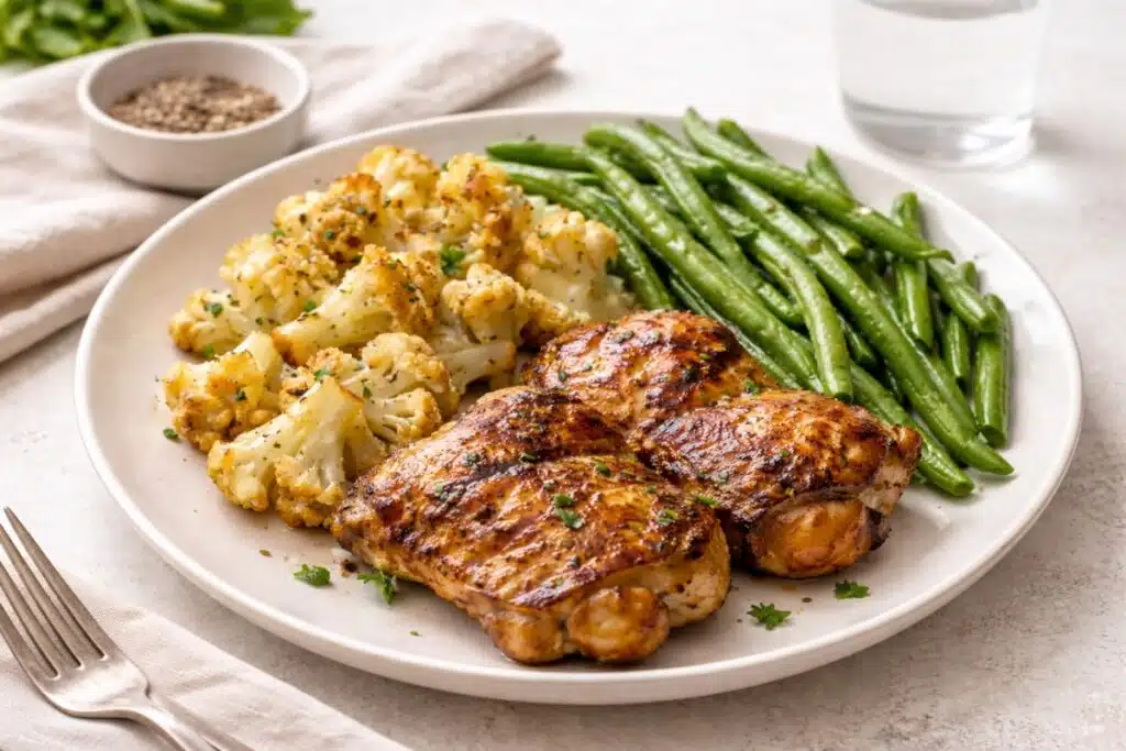 low-carb meal with grilled chicken thighs green beans and cauliflower for blood pressure