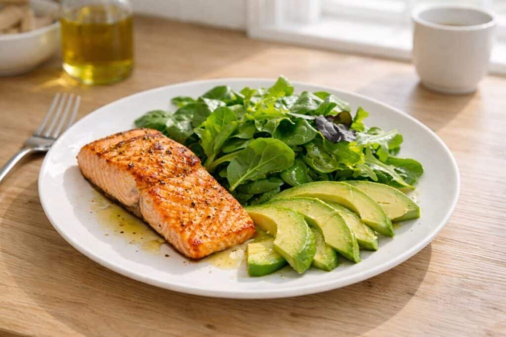 low-carb meal ideas with grilled salmon avocado and leafy greens supporting healthy blood pressure