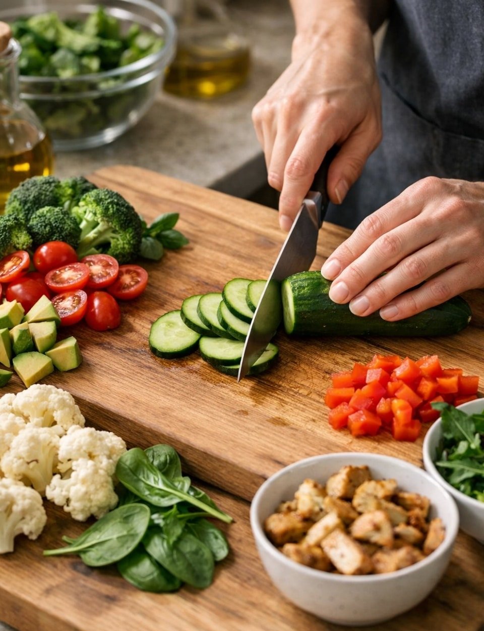 Hands chopping vegetables while preparing a low-carb meal for healthy blood pressure