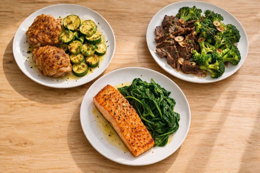 Overhead view of low-carb meals with chicken thighs and zucchini, beef with broccoli and garlic, and baked salmon with spinach on a wooden table