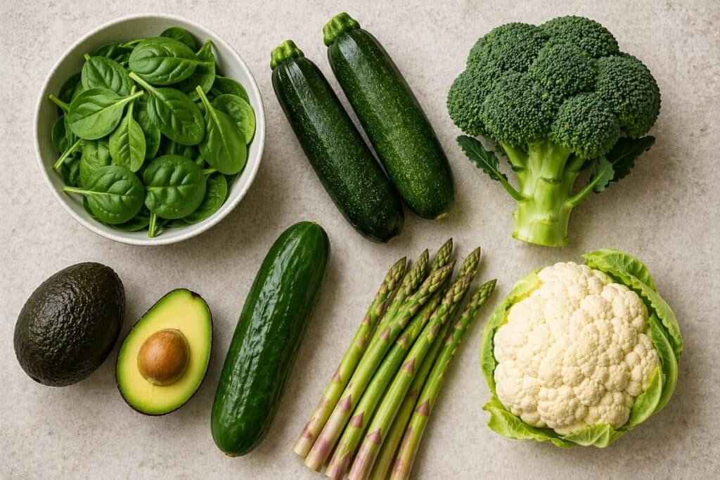 7 low-carb vegetables for blood pressure arranged overhead on a light surface including spinach, zucchini, broccoli, cucumber, avocado, asparagus, and cauliflower