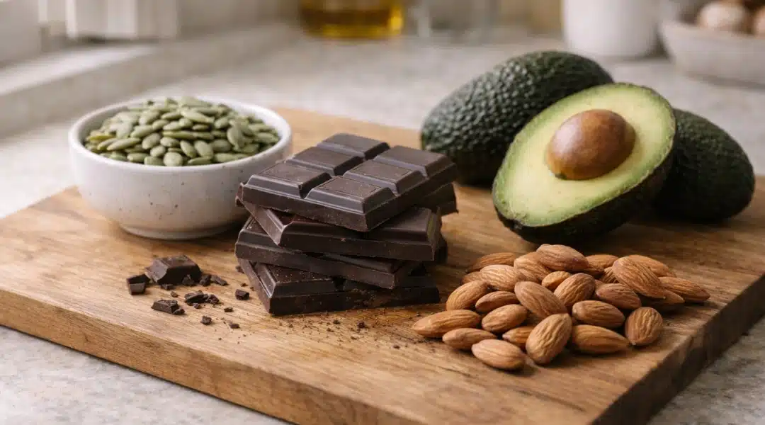 magnesium rich foods: pumpkin seeds, dark chocolate, almonds magnesium-rich foods for blood pressure including pumpkin seeds dark chocolate and almonds on wooden surface