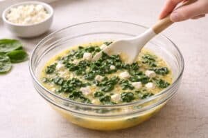 mixing whisked eggs with spinach and feta in bowl using spatula on kitchen countertop
