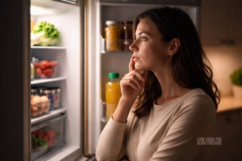 person looking into fridge at night dealing with low carb cravings
