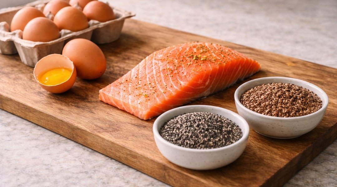 omega-3 rich foods for blood pressure including salmon eggs chia seeds and flax seeds