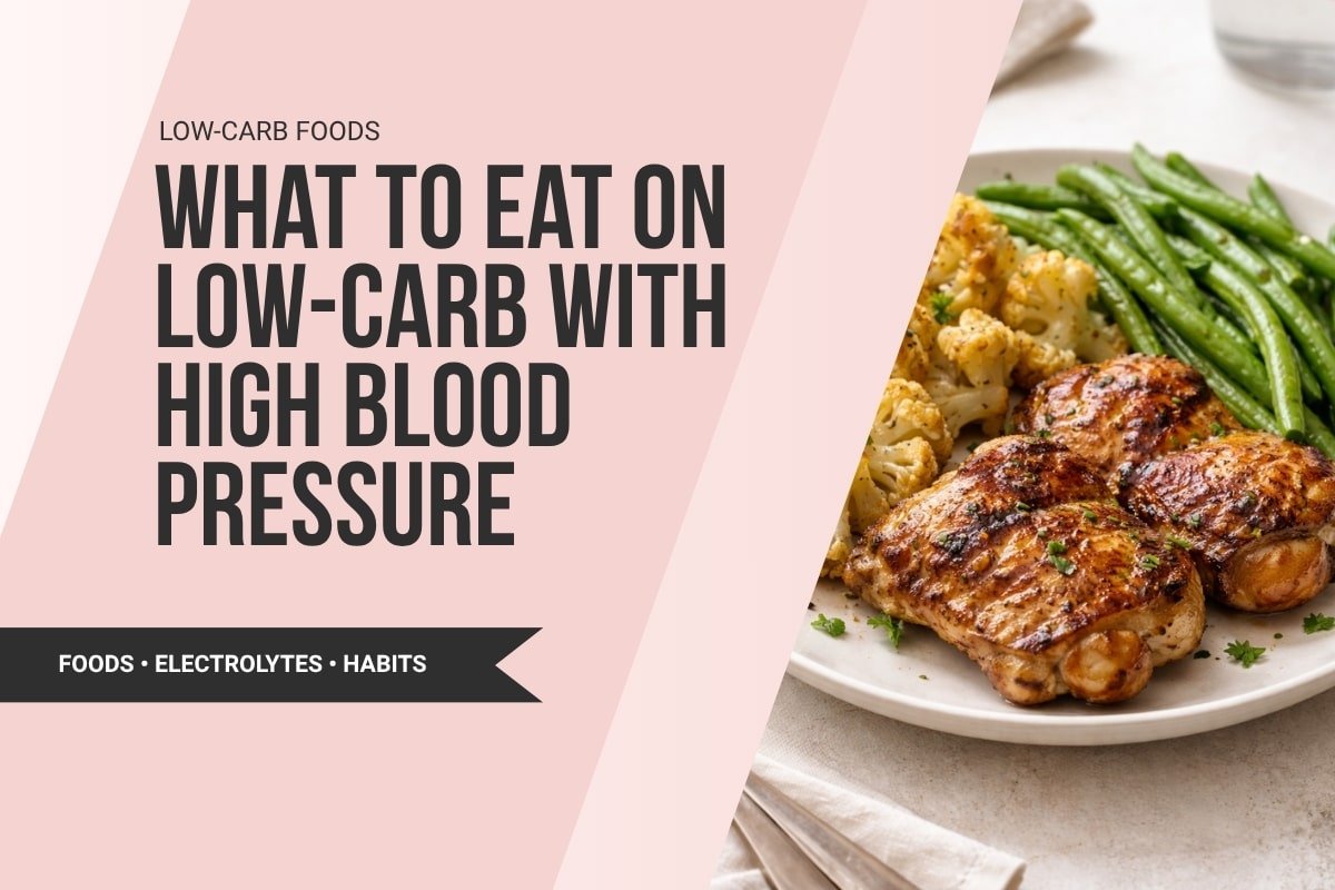 what to eat on low-carb with high blood pressure feature image with grilled chicken thighs green beans and cauliflower