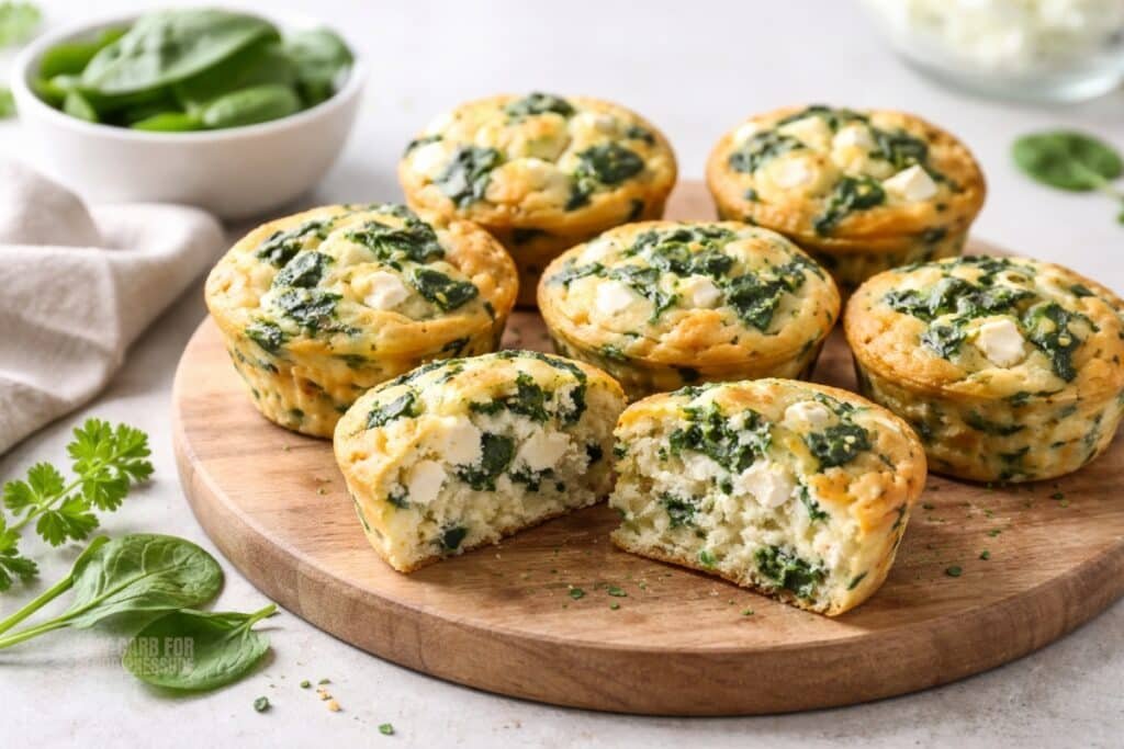 Egg muffins with spinach and feta cut open on a wooden board, low-carb breakfast recipe