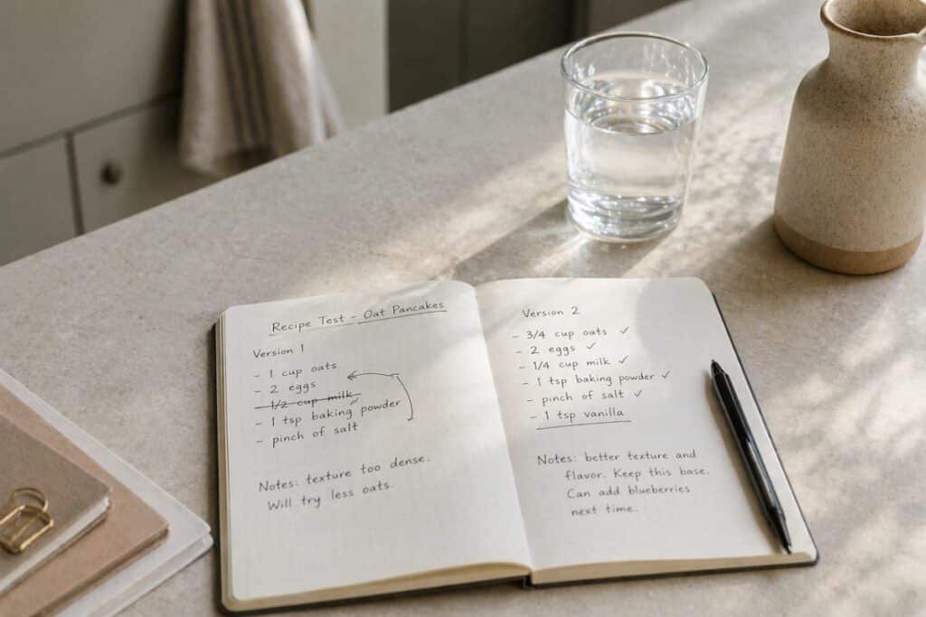 minimalist kitchen counter with open notebook showing crossed-out items and small edits beside a glass of water in soft daylight, representing gradual refinement and decision clarity